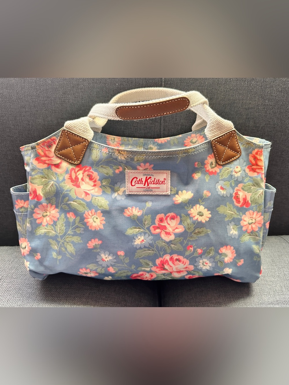 Cath Kidston Blue Floral Canvas Tote with Pink Rose Print